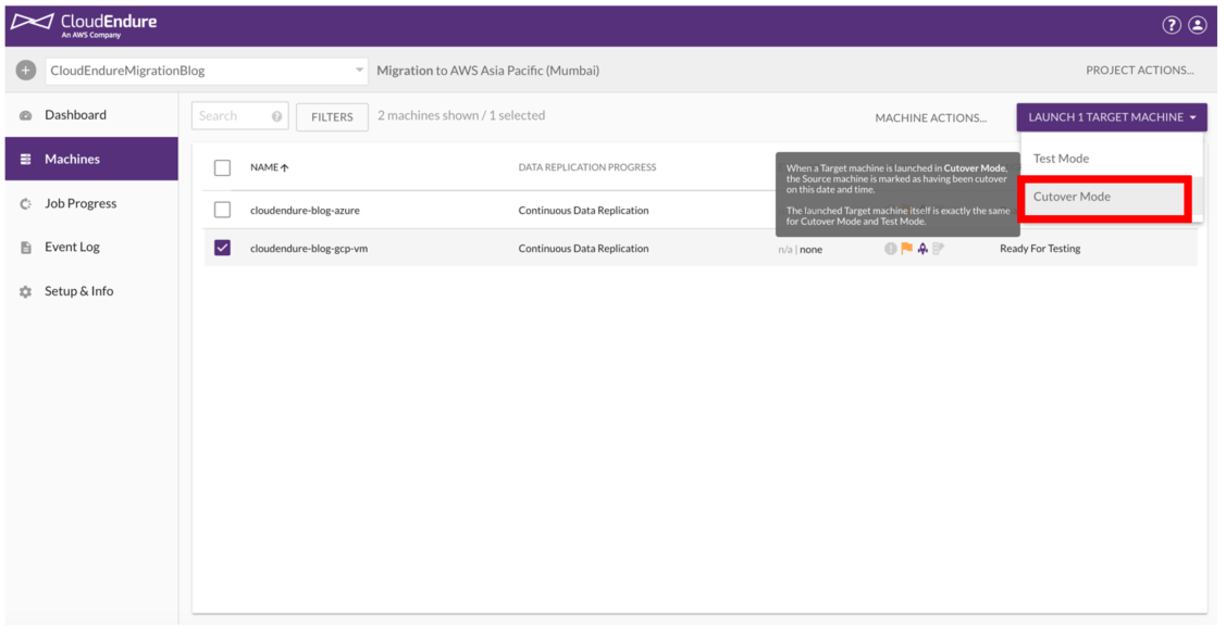 CloudEndure dashboard screenshot