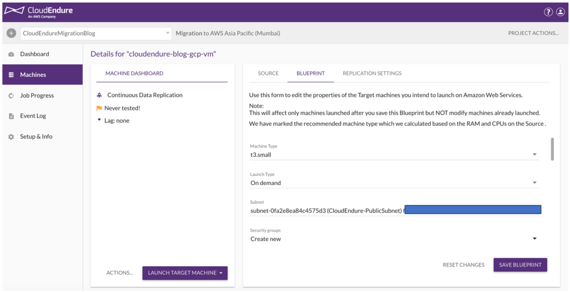 CloudEndure dashboard blueprint screenshot