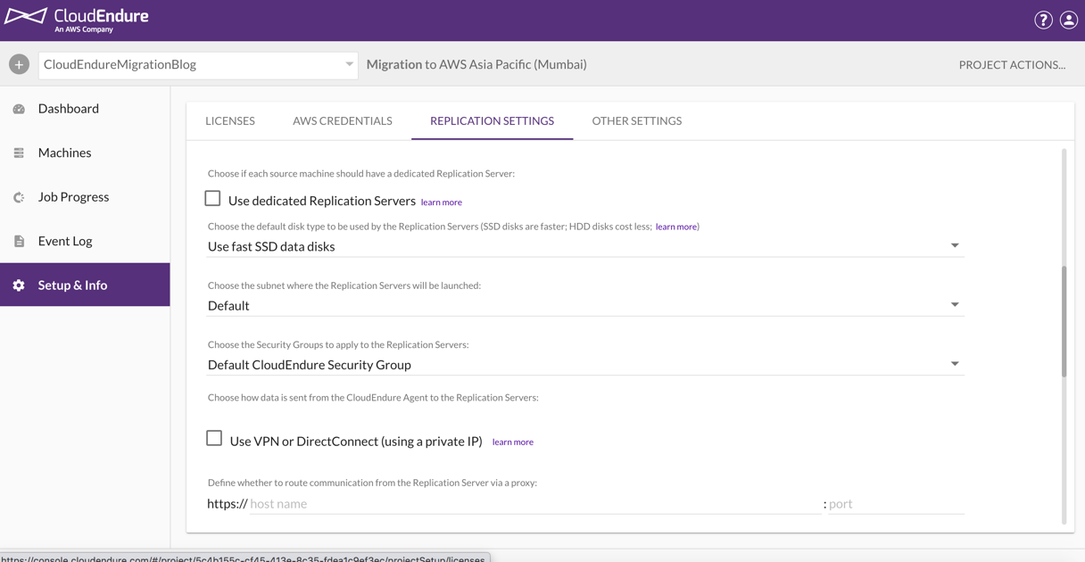 Replication settings on CloudEndure dashboard